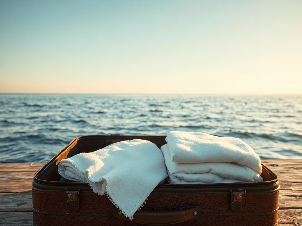 Serene morning, open suitcase with folded linens, warm light, floating breath-like waves, subtle protective aura, calm ocean view.