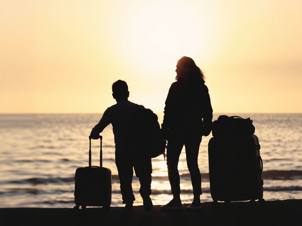 “calm traveler silhouettes near a suitcase, soft morning light, gentle breathing waves, serene ocean horizon, warm protective aura, relaxed faces”
