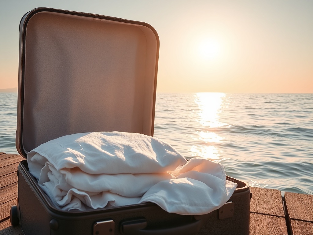 Serene morning, open suitcase with folded linens, warm light, floating breath-like waves, subtle protective aura, calm ocean view.