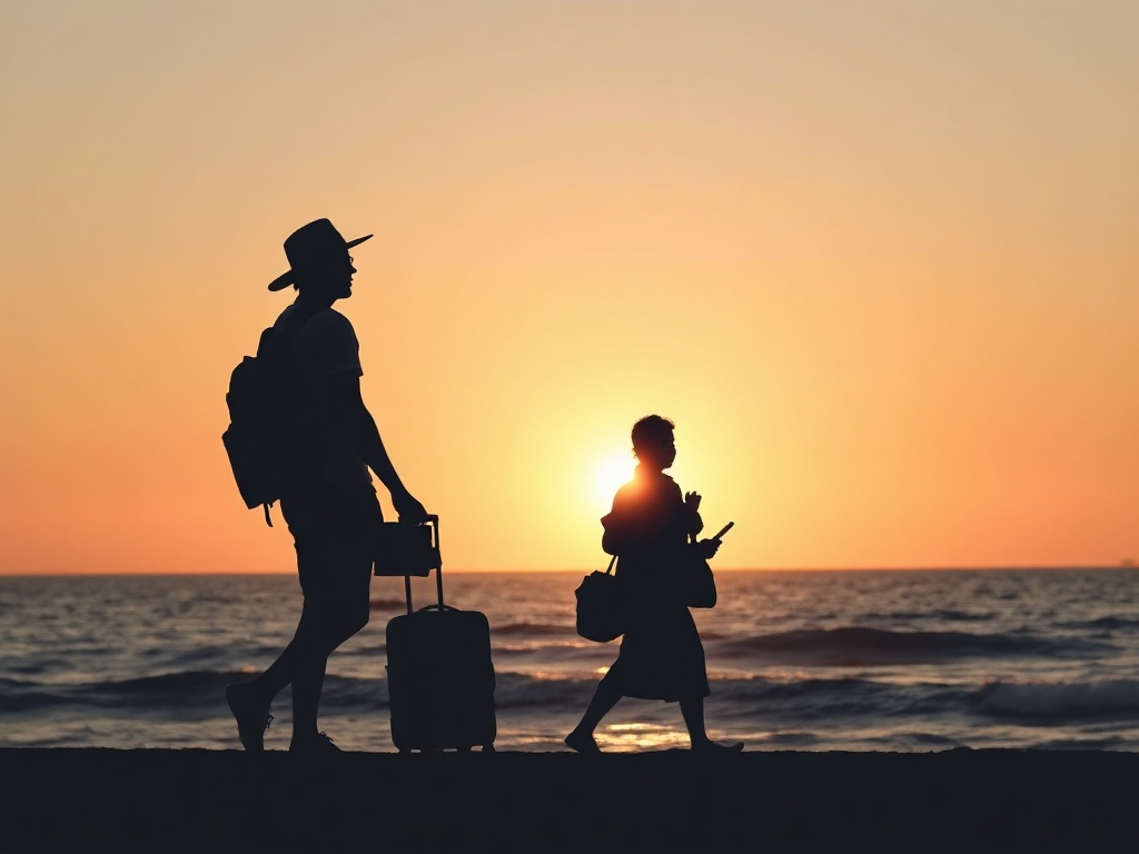 “calm traveler silhouettes near a suitcase, soft morning light, gentle breathing waves, serene ocean horizon, warm protective aura, relaxed faces”