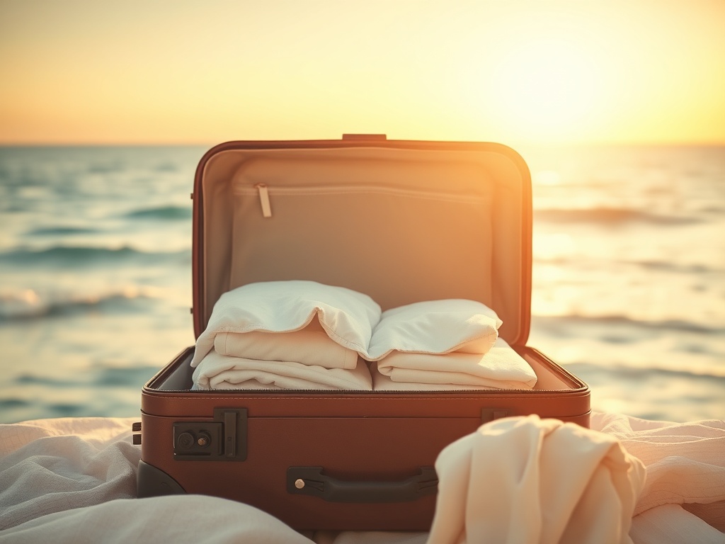 Serene morning, open suitcase with folded linens, warm light, floating breath-like waves, subtle protective aura, calm ocean view.
