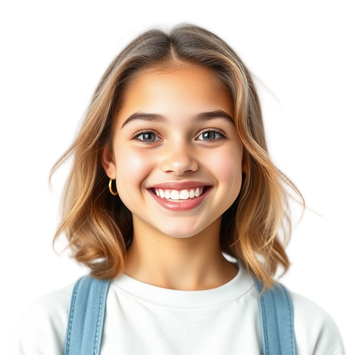 A smiling teenage girl with bright eyes "soft natural lighting" "casual clothing" "white background" "radiating confidence and happiness"