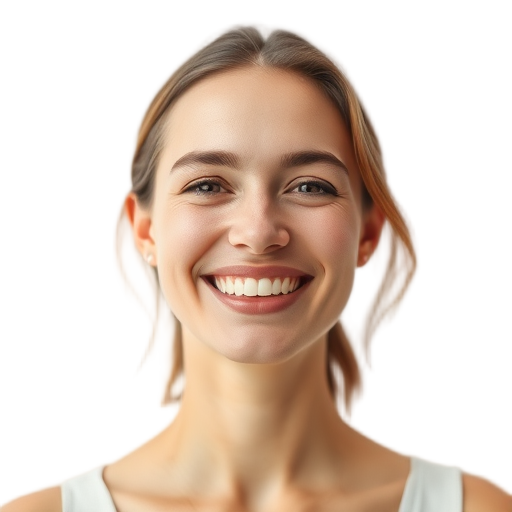 A smiling woman with warm expression, soft natural lighting, plain white background, gentle makeup, relaxed confident demeanor.