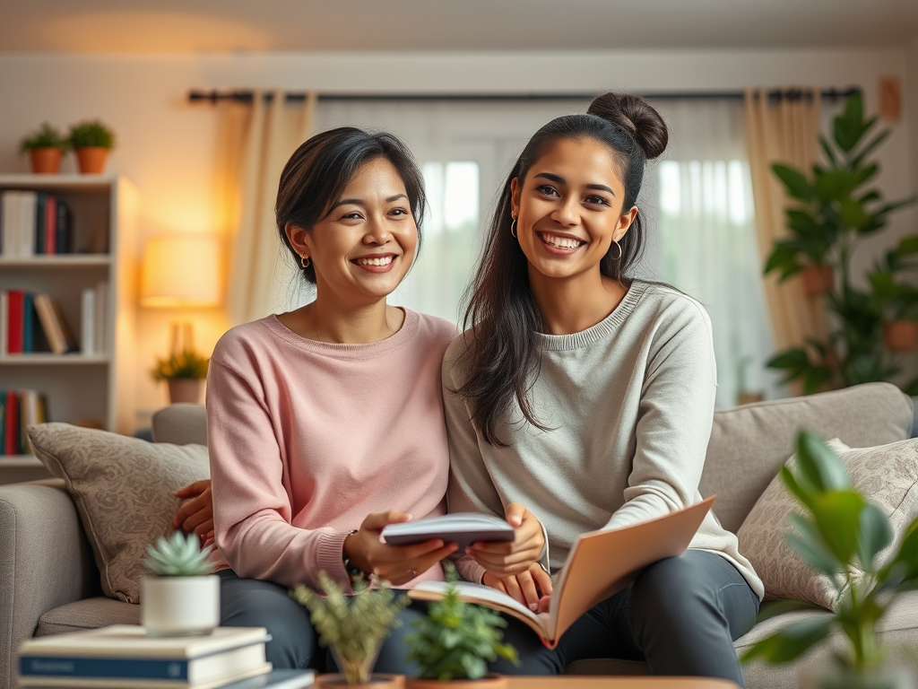 A warm, cozy family living room, "mother and teenage daughter" smiling together, surrounded by soft lighting, books, plants, and calming colors symbolizing growth and connection.