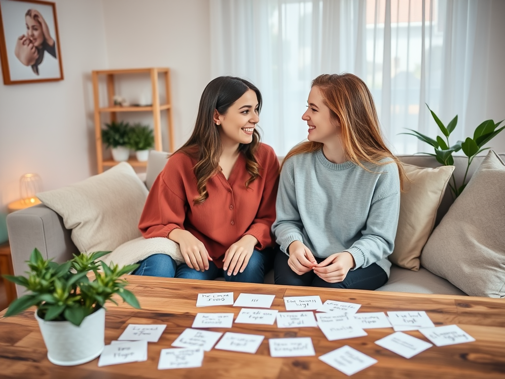 "a serene family living room" "mother and teenage daughter sharing heartfelt conversation" "affirmation cards scattered on wooden table" "soft warm lighting" "plants and cozy cushions around" "expressions of connection and happiness"