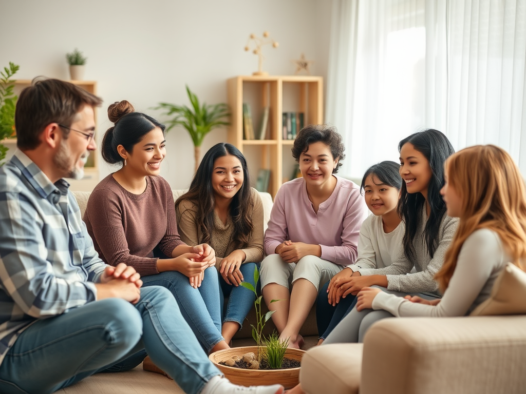 "diverse group of parents and teenage girls" "warm, supportive atmosphere" "circle sitting in cozy living room" "soft natural light" "expressions of connection, empathy, learning" "elements symbolizing growth and communication"