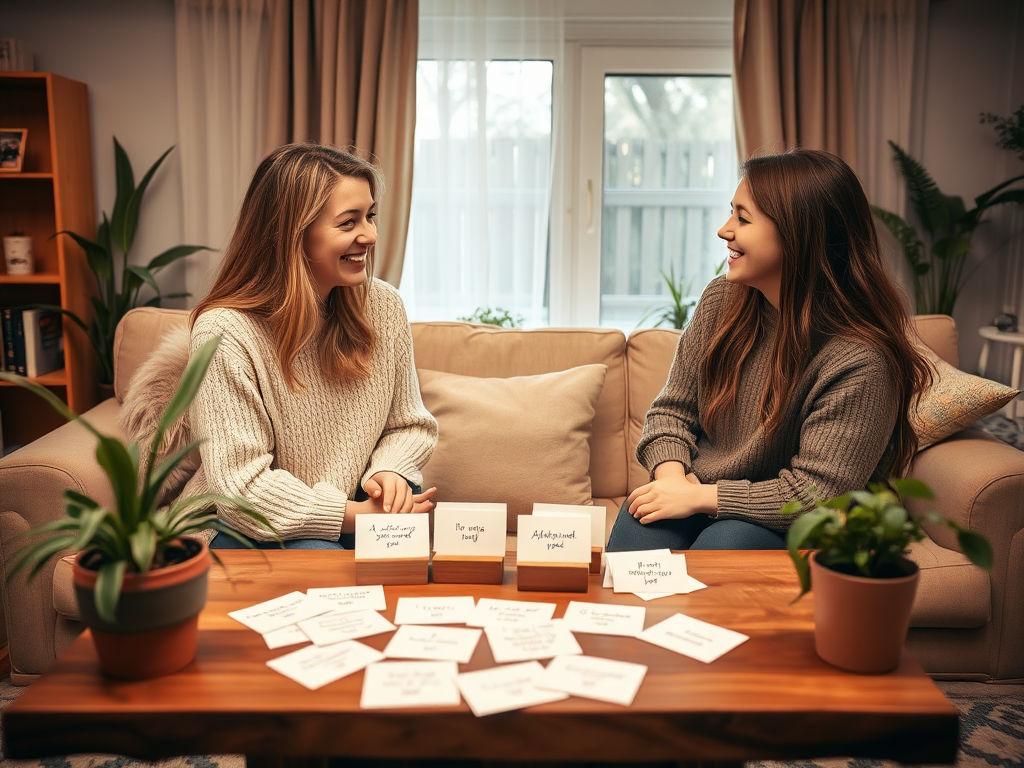 "a serene family living room" "mother and teenage daughter sharing heartfelt conversation" "affirmation cards scattered on wooden table" "soft warm lighting" "plants and cozy cushions around" "expressions of connection and happiness"
