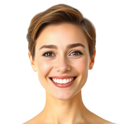 A smiling person looking confidently at the camera with a soft white background, warm lighting, natural makeup, short hair gently styled.
