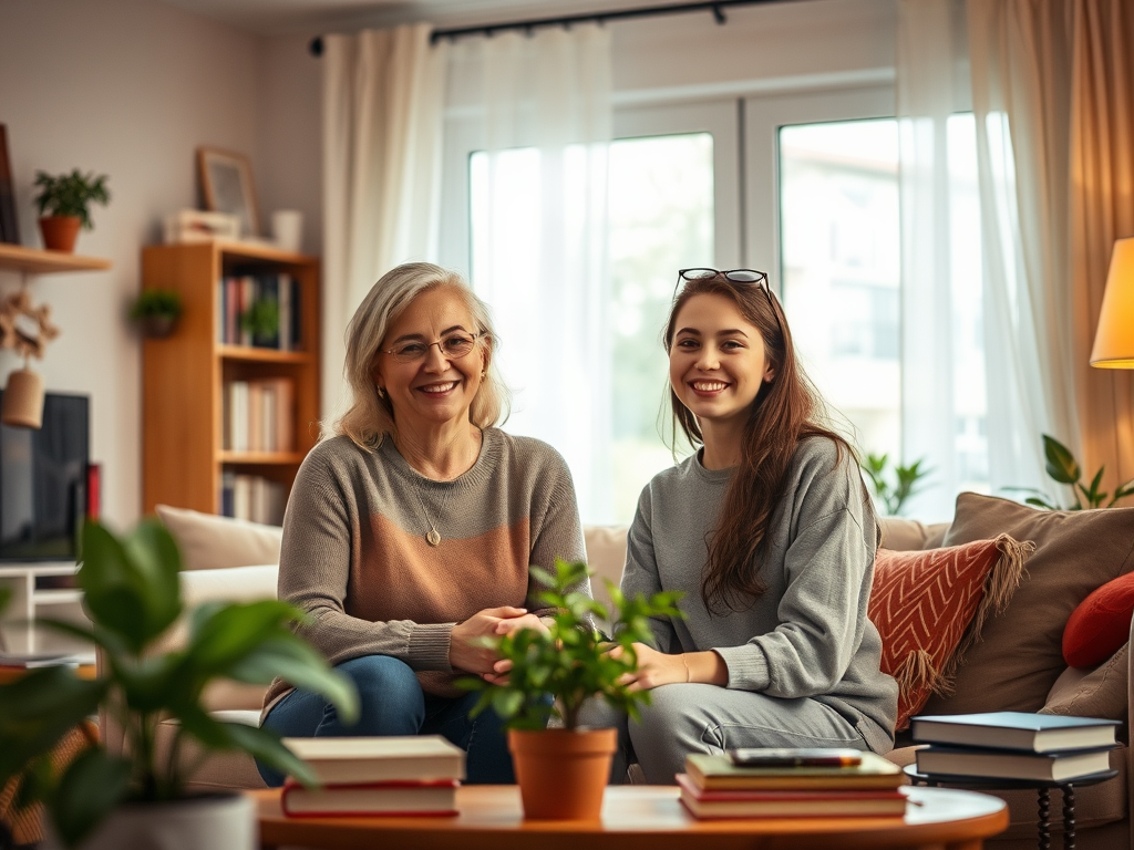 A warm, cozy family living room, "mother and teenage daughter" smiling together, surrounded by soft lighting, books, plants, and calming colors symbolizing growth and connection.