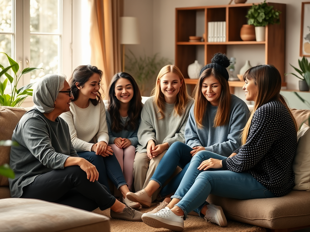 "diverse group of parents and teenage girls" "warm, supportive atmosphere" "circle sitting in cozy living room" "soft natural light" "expressions of connection, empathy, learning" "elements symbolizing growth and communication"