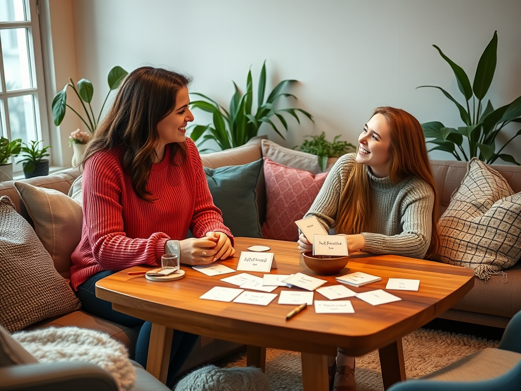"a serene family living room" "mother and teenage daughter sharing heartfelt conversation" "affirmation cards scattered on wooden table" "soft warm lighting" "plants and cozy cushions around" "expressions of connection and happiness"