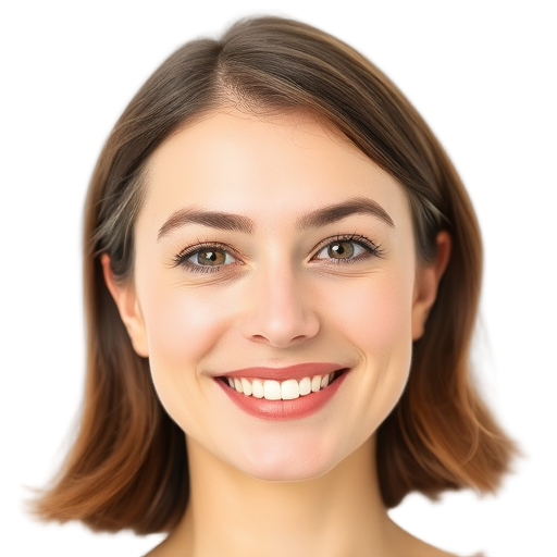 A smiling woman with calm expression, soft natural makeup, short brown hair, white background, warm gentle eyes, subtle joyful smile.