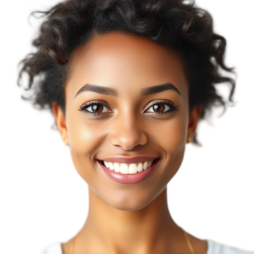 A smiling woman with light makeup, soft natural lighting, white background, confident expression, gentle eyes, short curly hair framing her face.