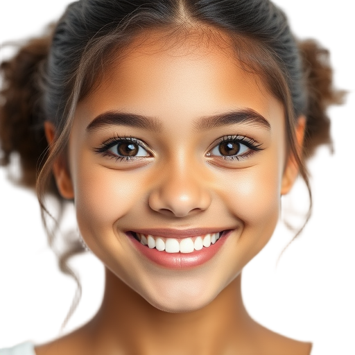 A smiling teenage girl with bright eyes, natural makeup, soft lighting, white background, radiating confidence and happiness.