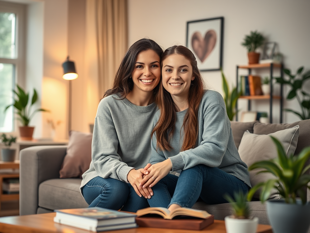 A warm, cozy family living room, "mother and teenage daughter" smiling together, surrounded by soft lighting, books, plants, and calming colors symbolizing growth and connection.