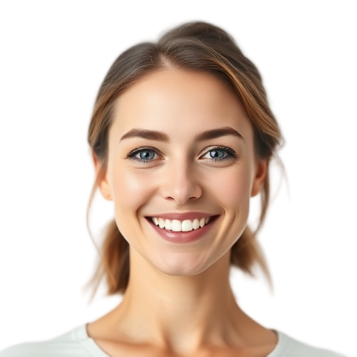 A smiling woman with confident eyes, natural makeup, soft lighting, white background, warm expression, "calm and approachable" demeanor.