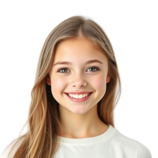 A smiling teenage girl with confident eyes, radiant skin, soft natural makeup, against a clean white background, evoking warmth and positivity.