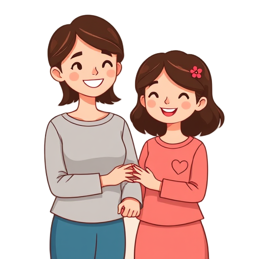 "mother daughter" "holding hands" "heart symbol" "cozy home" "soft colors" "smiling faces"