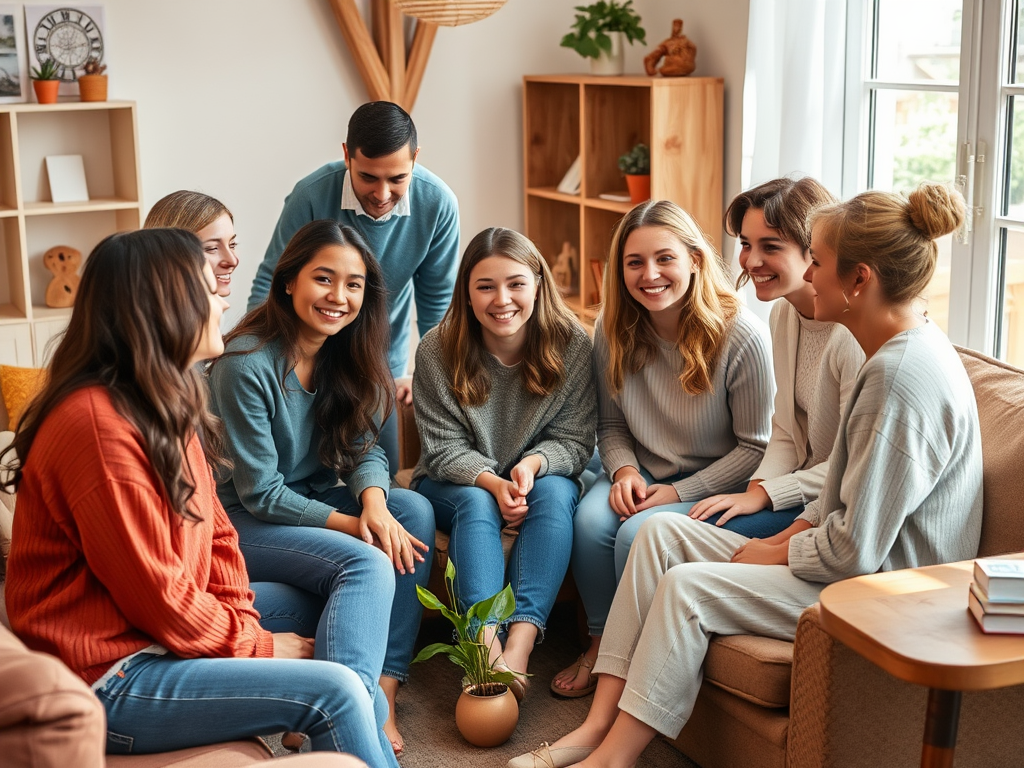 "diverse group of parents and teenage girls" "warm, supportive atmosphere" "circle sitting in cozy living room" "soft natural light" "expressions of connection, empathy, learning" "elements symbolizing growth and communication"