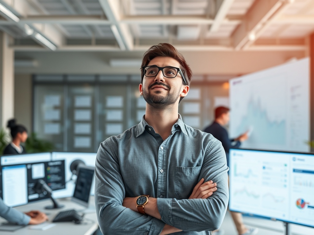 "A calm entrepreneur observing a clear workflow map and labeled SOPs, teams collaborating, clean dashboards, soft lighting, modern office, expansive growth aura."
