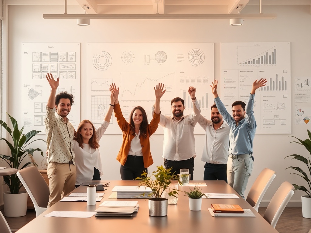 A calm, modern office scene showing a startup team celebrating clarity—blueprints, process diagrams, minimalist dashboards; warm light, confident leaders, subtle growth symbols.