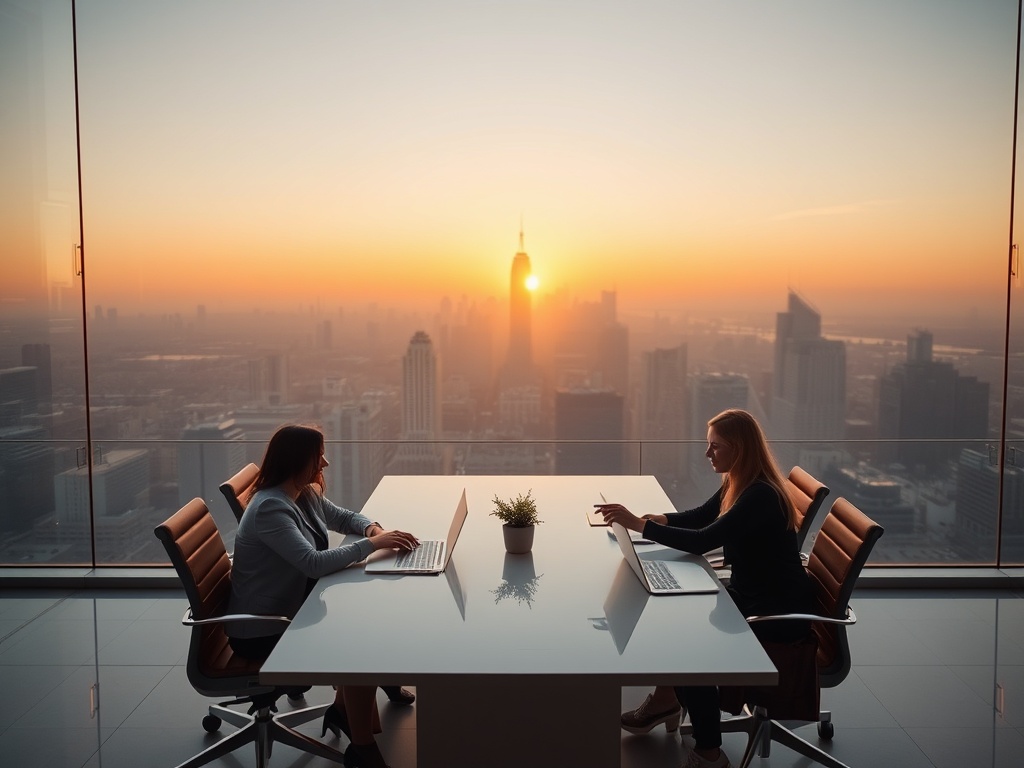 A calm, expansive business horizon with a modern office skyline, a confident team collaborating around a clean conference table, warm sunrise glow."