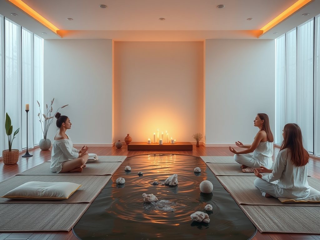 A tranquil meditation space with candles and cushions.