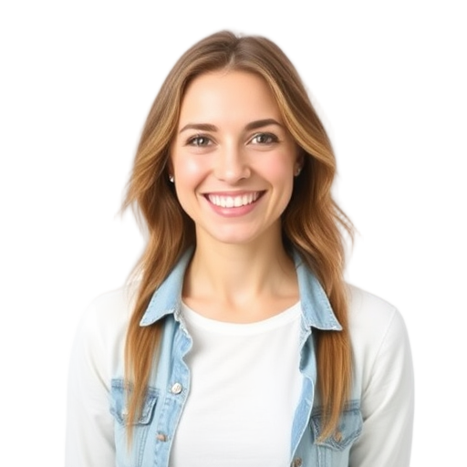 Smiling person with long hair against a white background.