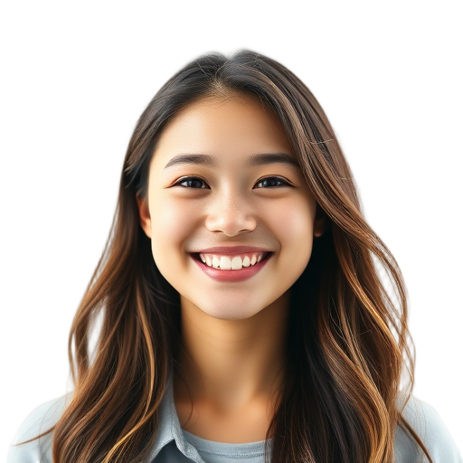 A smiling person with long hair against a white background.