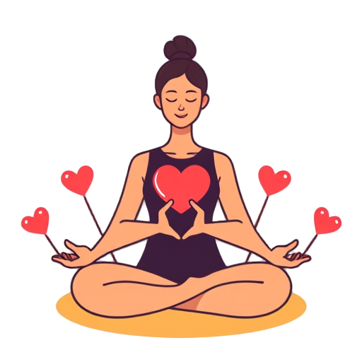 A meditating person surrounded by heart symbols.