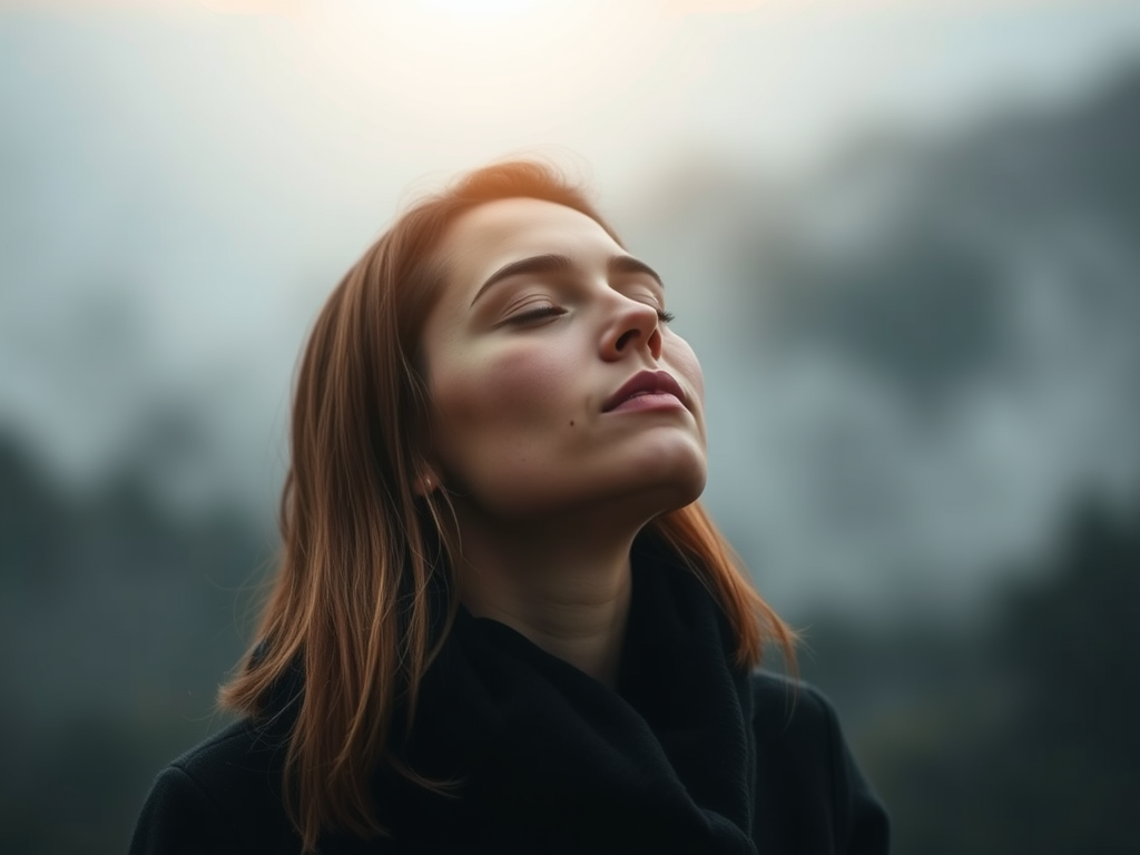 "serene person" "deep breathing" "soft glowing light" "calm nature background" "gentle mist" "peaceful, introspective atmosphere"