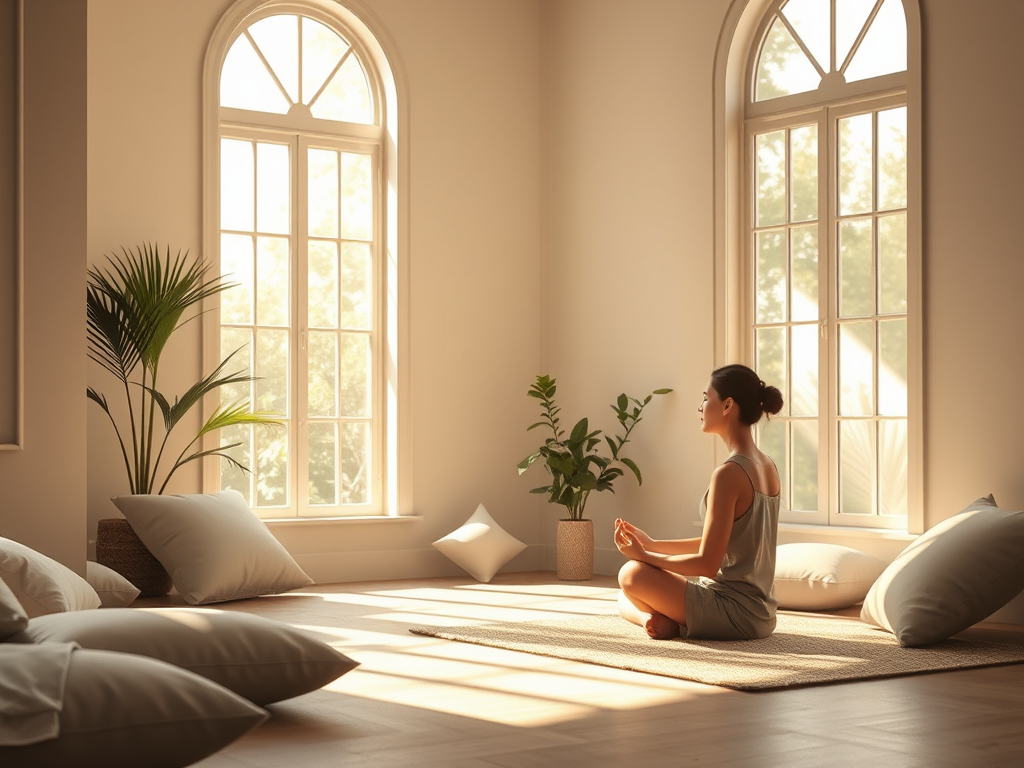 "a serene, sunlit room with soft cushions" "a peaceful person meditating, breathing deeply" "gentle light rays filtering through large windows" "calm nature elements like plants and water" "an inviting, tranquil atmosphere for transformation"