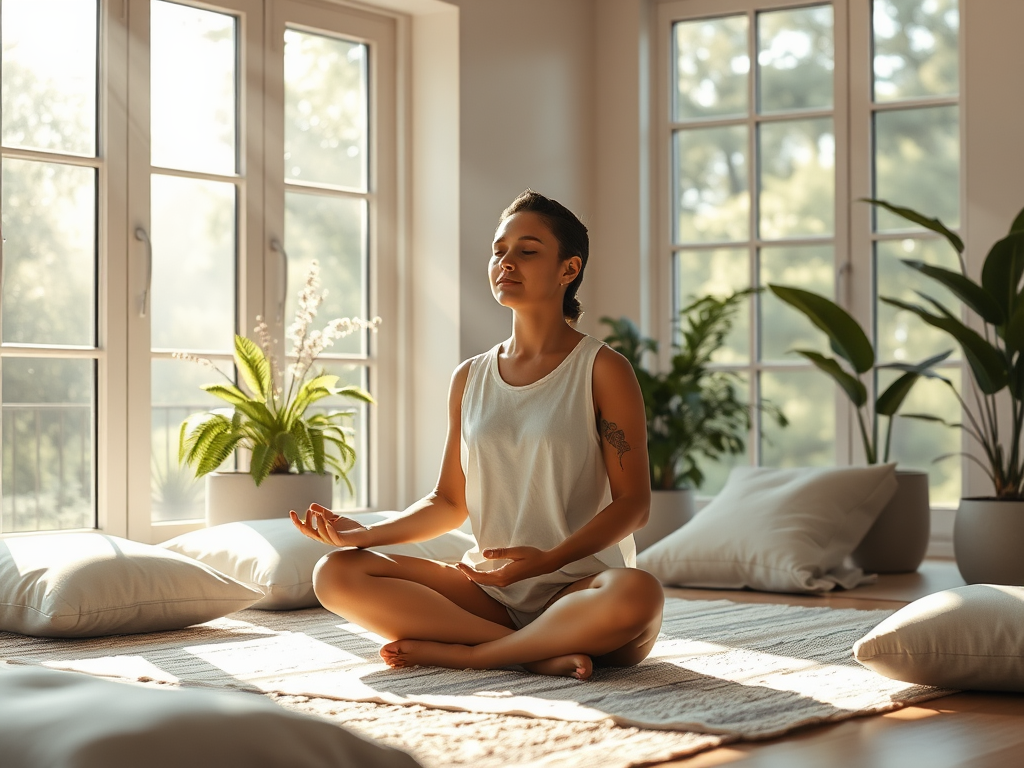 "a serene, sunlit room with soft cushions" "a peaceful person meditating, breathing deeply" "gentle light rays filtering through large windows" "calm nature elements like plants and water" "an inviting, tranquil atmosphere for transformation"
