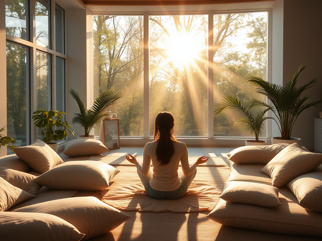 "a serene, sunlit room with soft cushions" "a peaceful person meditating, breathing deeply" "gentle light rays filtering through large windows" "calm nature elements like plants and water" "an inviting, tranquil atmosphere for transformation"