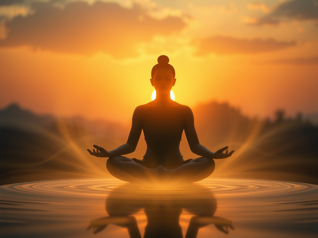 "A serene person meditating" surrounded by "soft glowing light," with "gentle waves of breath" flowing around, set in a "calm natural environment" at "sunrise."