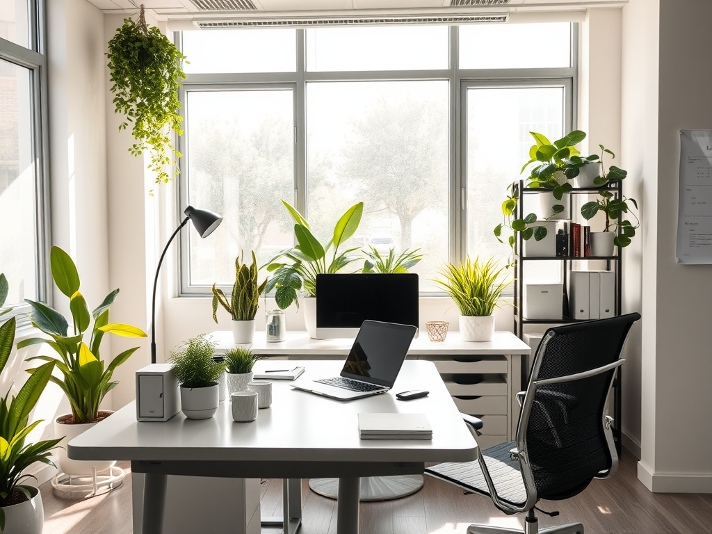 Een moderne kantooromgeving met planten en een laptop.