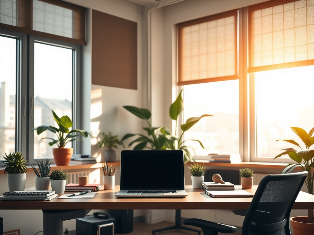 Een moderne kantoorruimte met een bureau, laptop en planten.