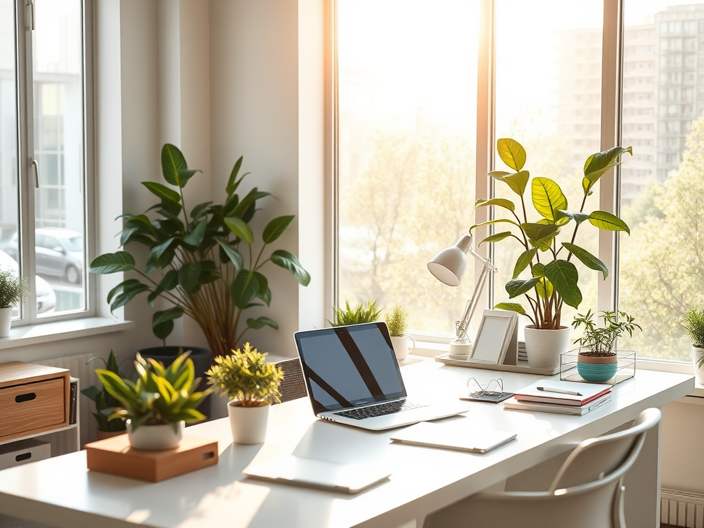 Een serene kantooromgeving met een modern bureau en planten.