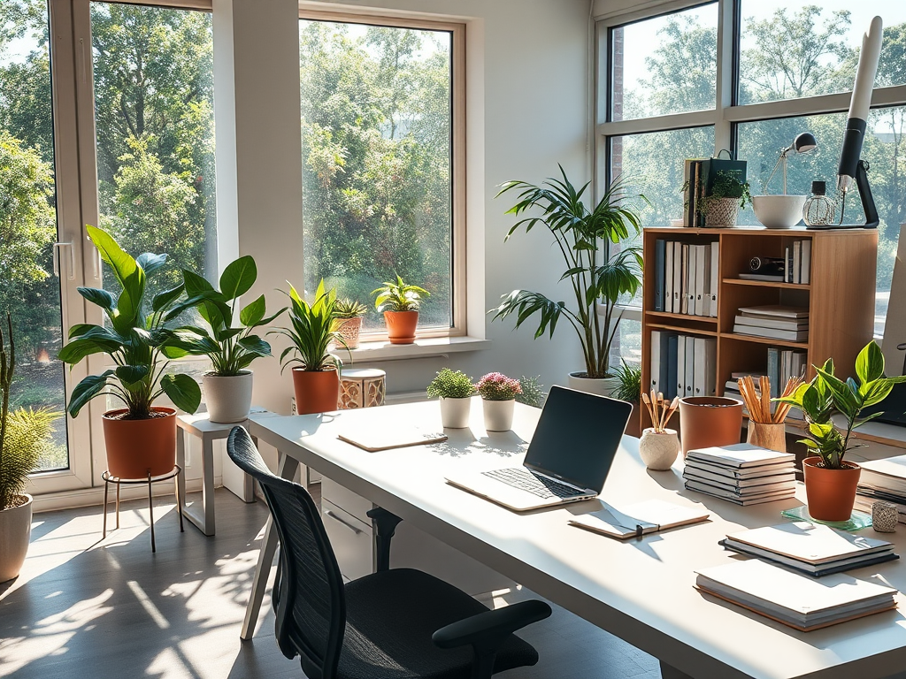 Een serene kantooromgeving met een moderne bureau en planten.