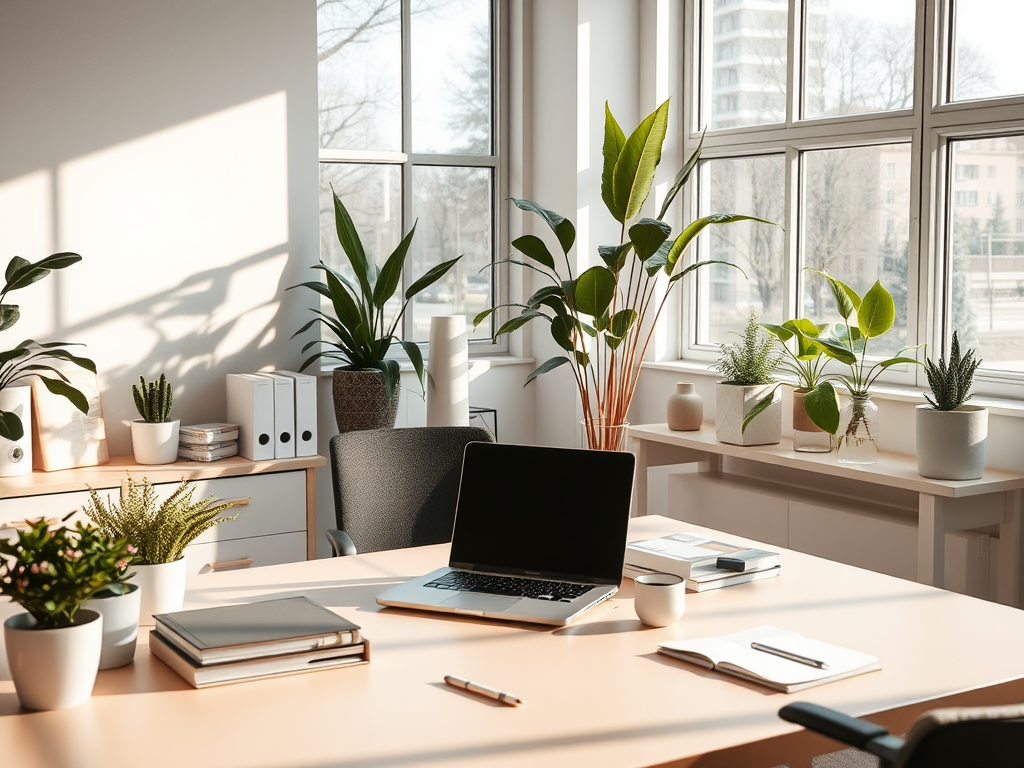 Een moderne kantoorruimte met een bureau, laptop en planten.