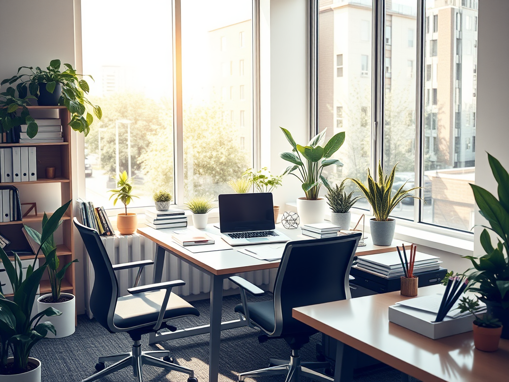 Een modern kantoor met een bureau, laptop en planten.
