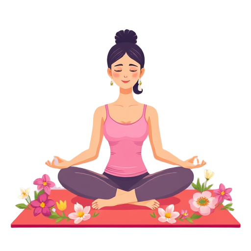 Een serene vrouw in kleermakerszit op een yogamat.
