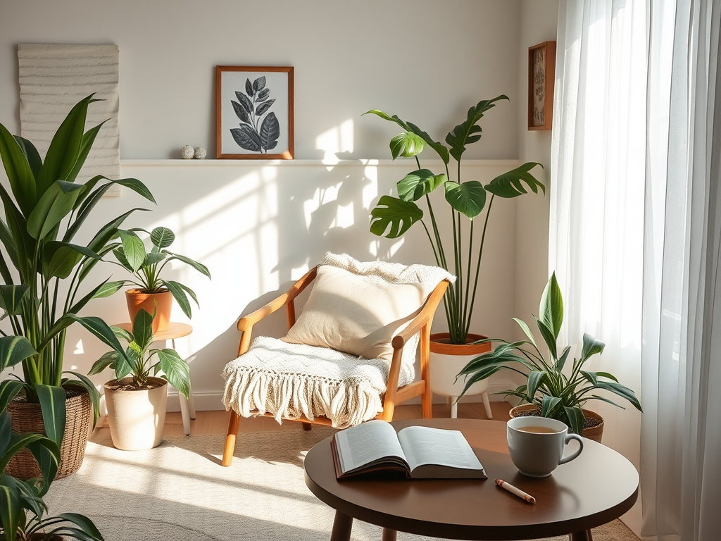 Een rustige kamer met planten, een stoel en een tafel.