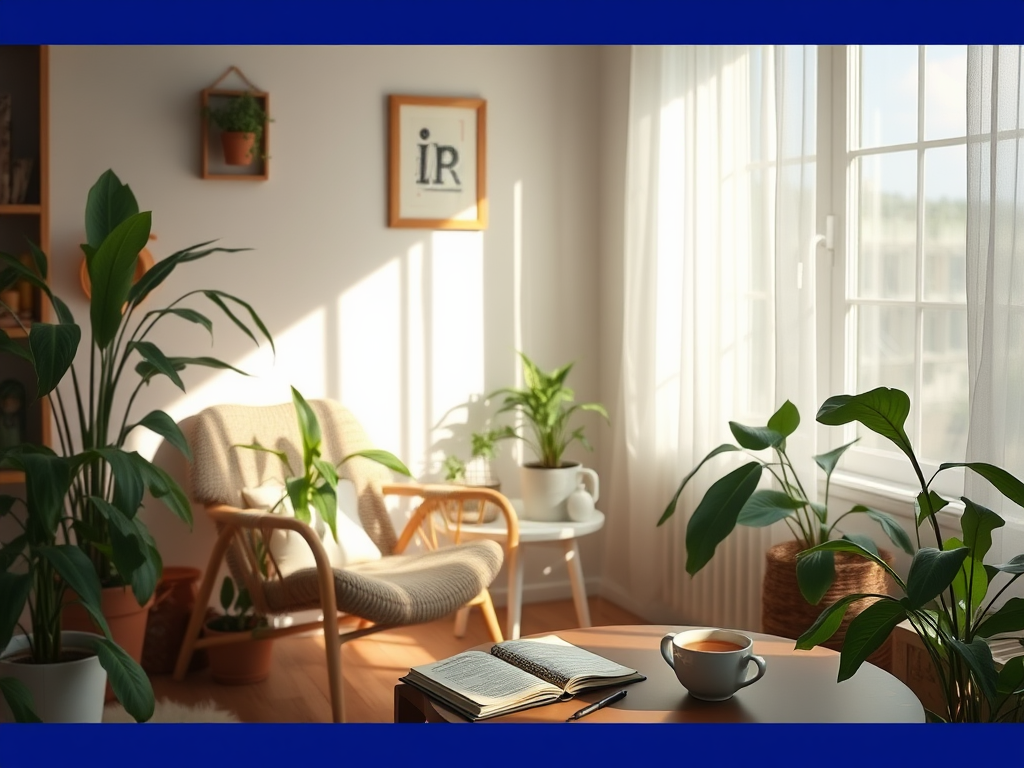 Een rustige kamer met planten, een stoel en een tafel.