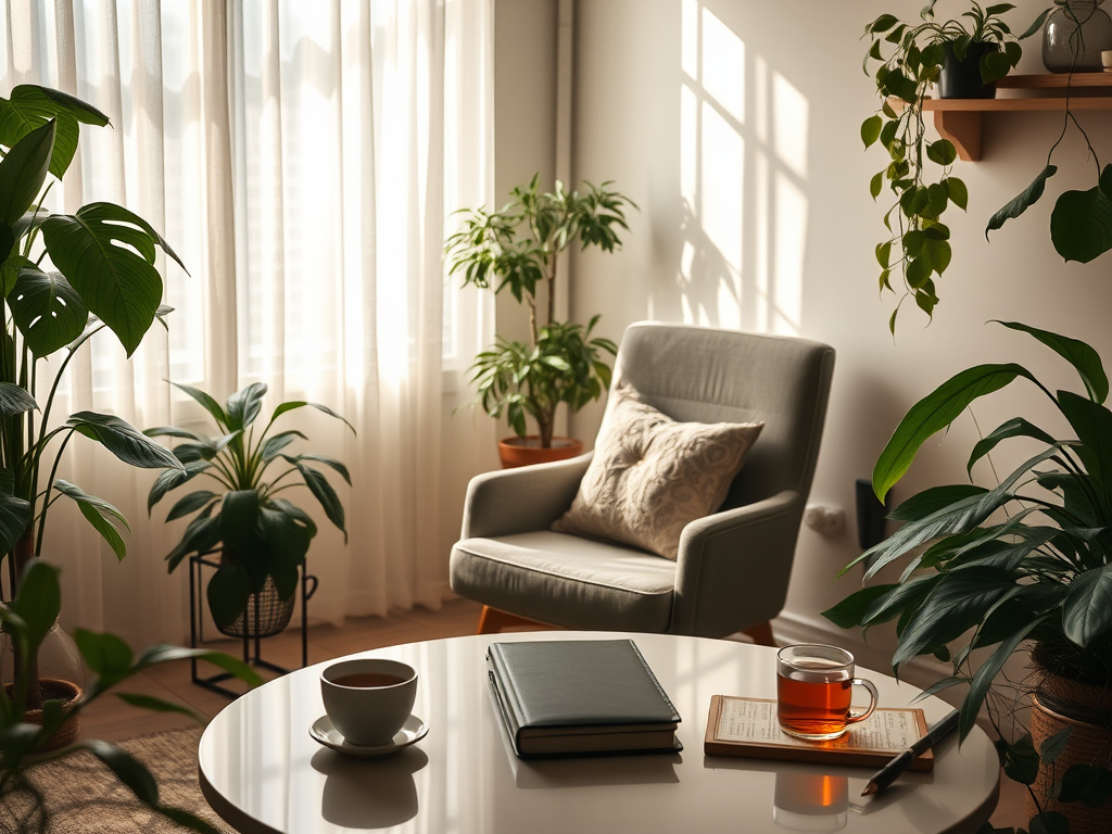 Een serene kamer met planten, een stoel en een tafel.