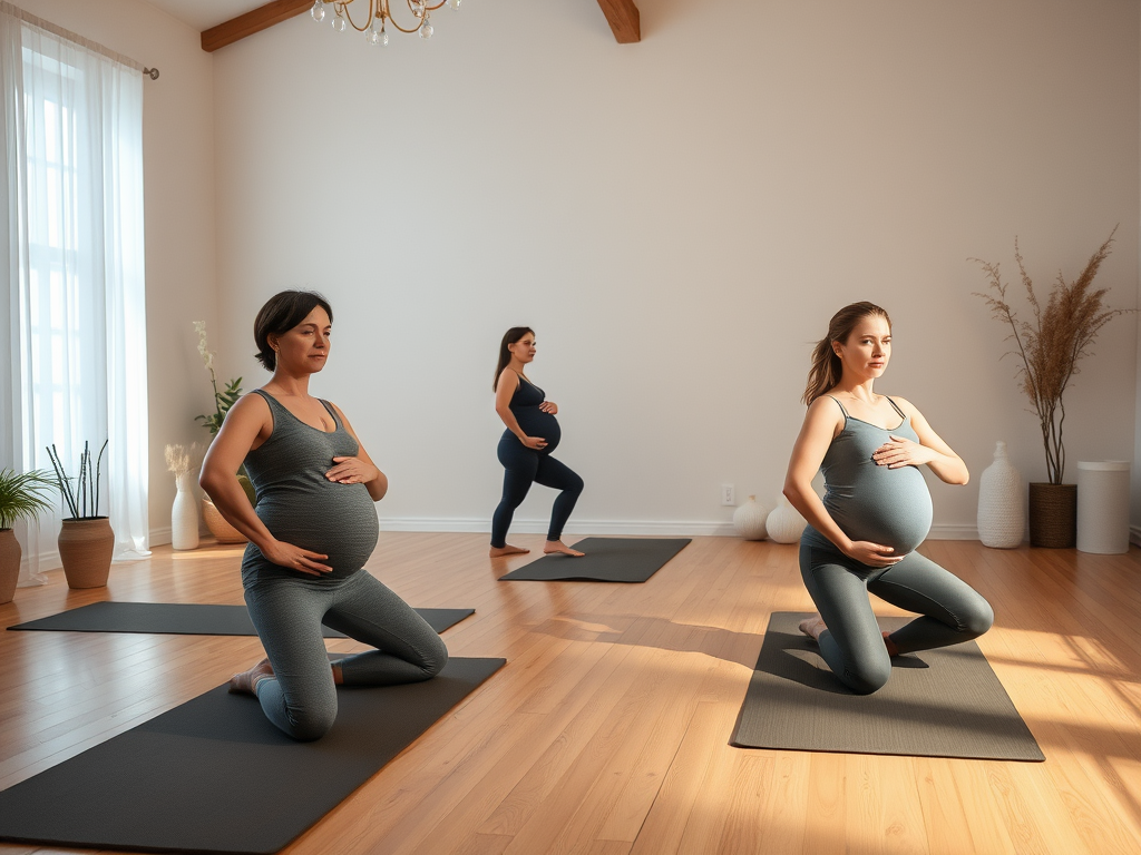 Zwangere vrouwen doen yoga in een serene studio.