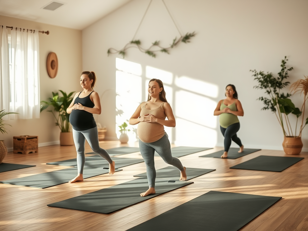 Zwangere vrouwen oefenen yoga in een serene studio.