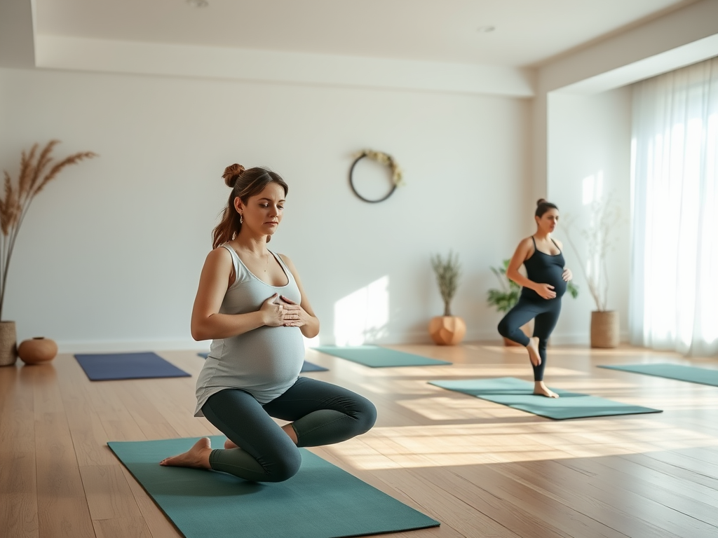 Zenuwige yogastudio met zwangere vrouwen in poses.