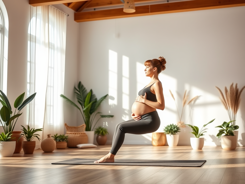 Een zwangere vrouw die yoga beoefent in een rustige studio.