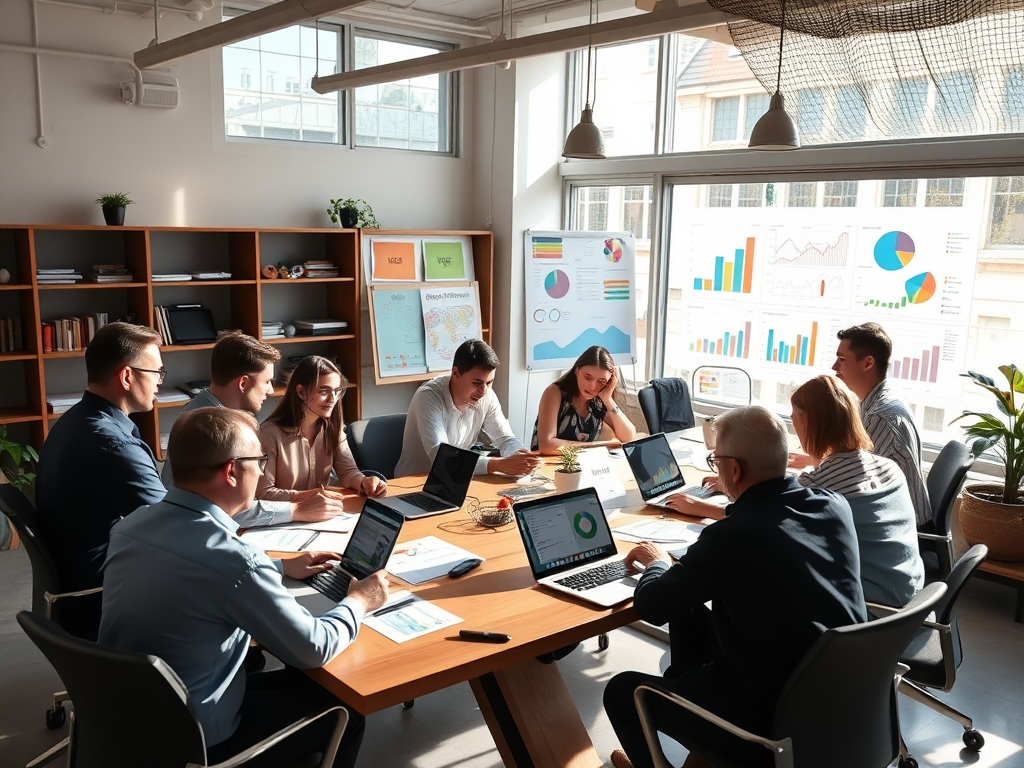 Een levendige werksessie met ondernemers aan een grote tafel.